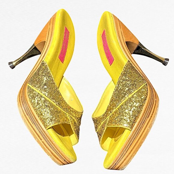Betsey Johnson Polly Gold Glitter Mules Yellow size 8 - Picture 5 of 13